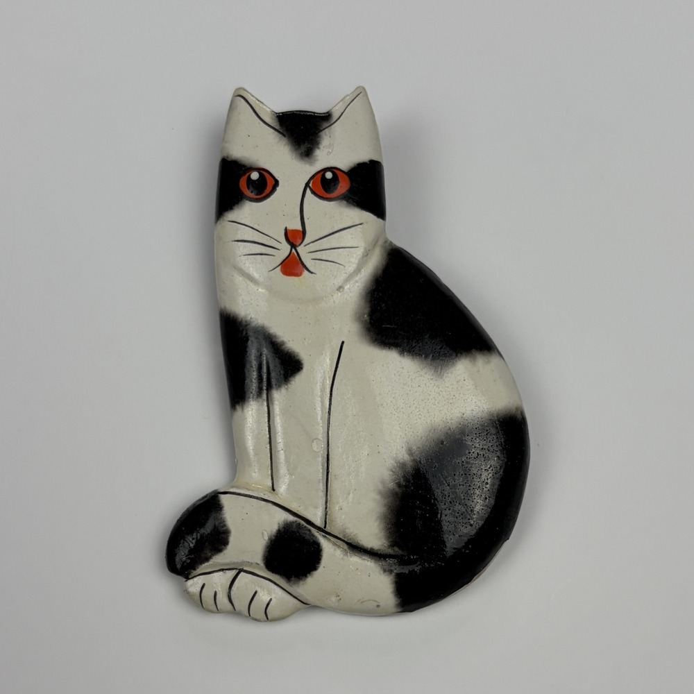 Hand Painted Ceramic Tuxedo Cat Brooch Folk Art Pin